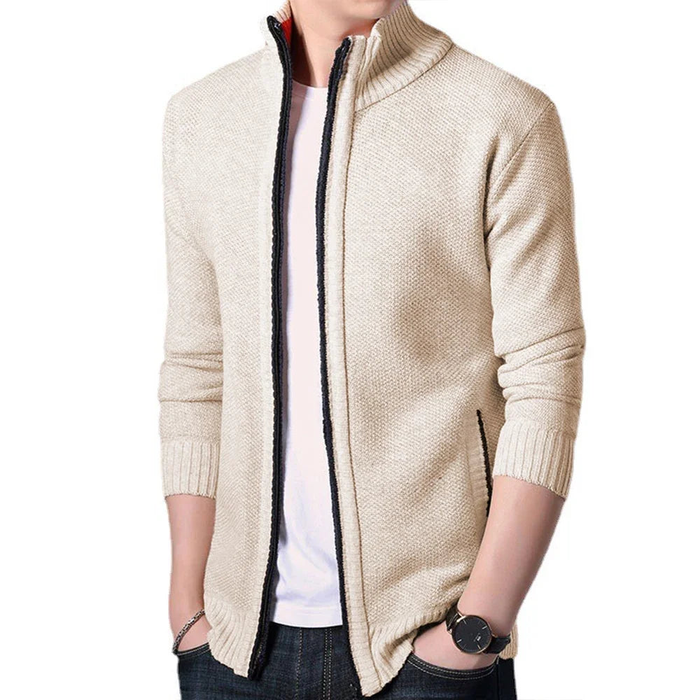 Men's Knitted Sweater Winter Thick Coat Long Sleeve Cardigan Stand Collar Fleece Male Zipper Blouse Causal Clothing for Autumn