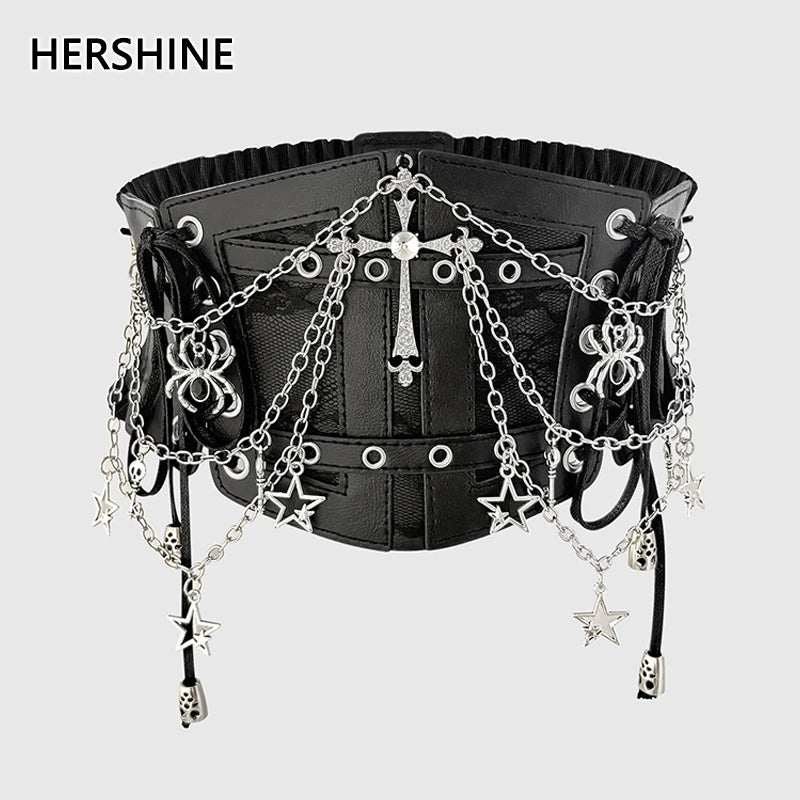 Ceinture large élastique à chaînes croisées tendance pour femme HERSHINE, accessoires Y2K gothique, punk, Harajuku, rock, hip-hop, printemps, été