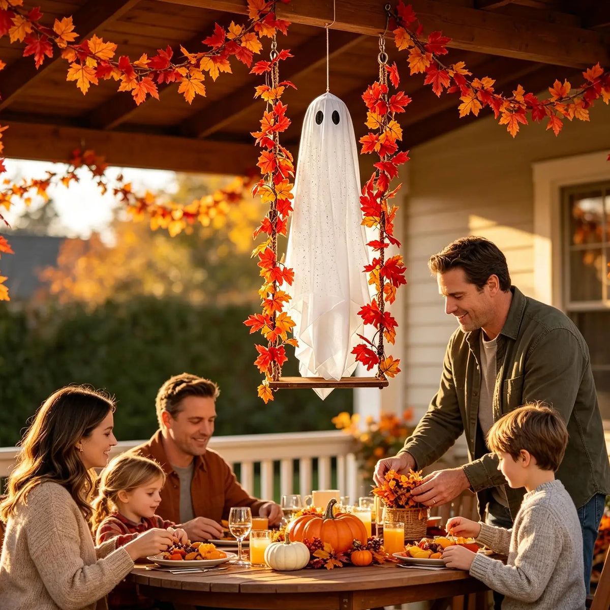 Leuchtende schaukelnde Geister-Dekoration für die Halloween-Veranda, hängende Geister-Schaukel-Dekoration mit beleuchtetem Hexenhut für den Garten