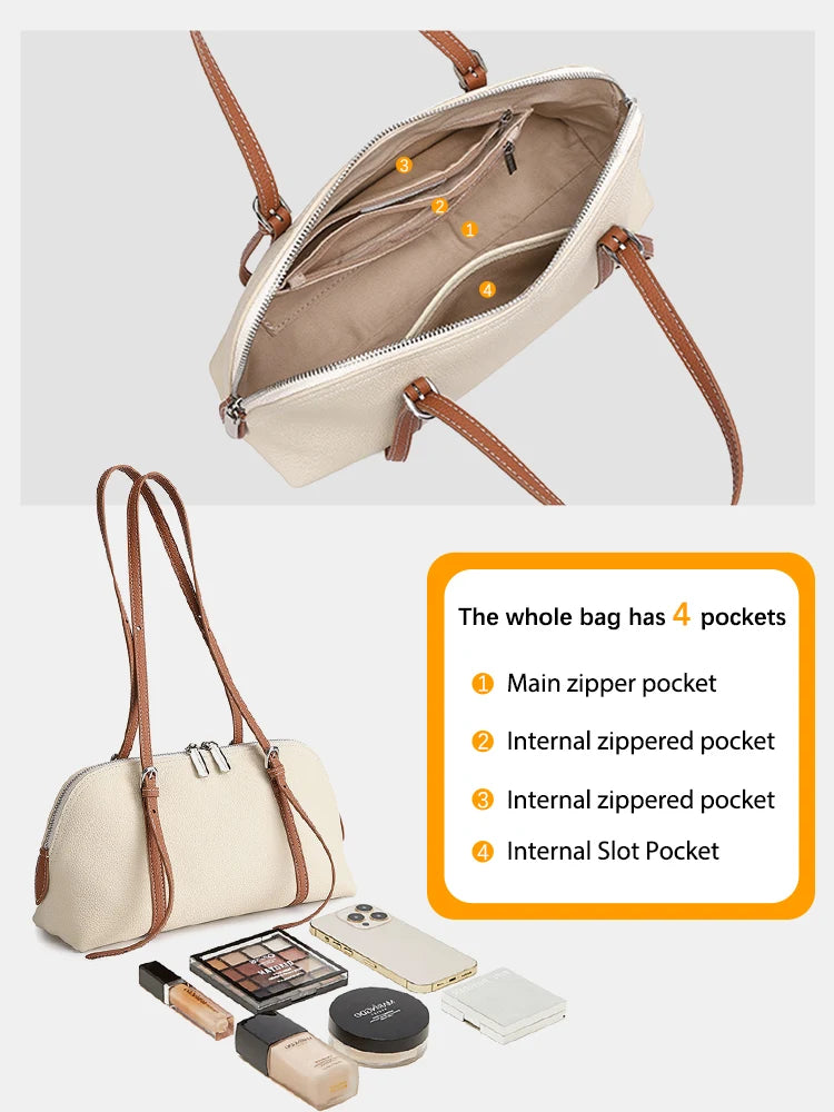 Zency Women's Genuine Leather Underarm Bag Simple Fashion Bags Luxury Double Straps Shoulder Handbag Roomy Crossbody for Work