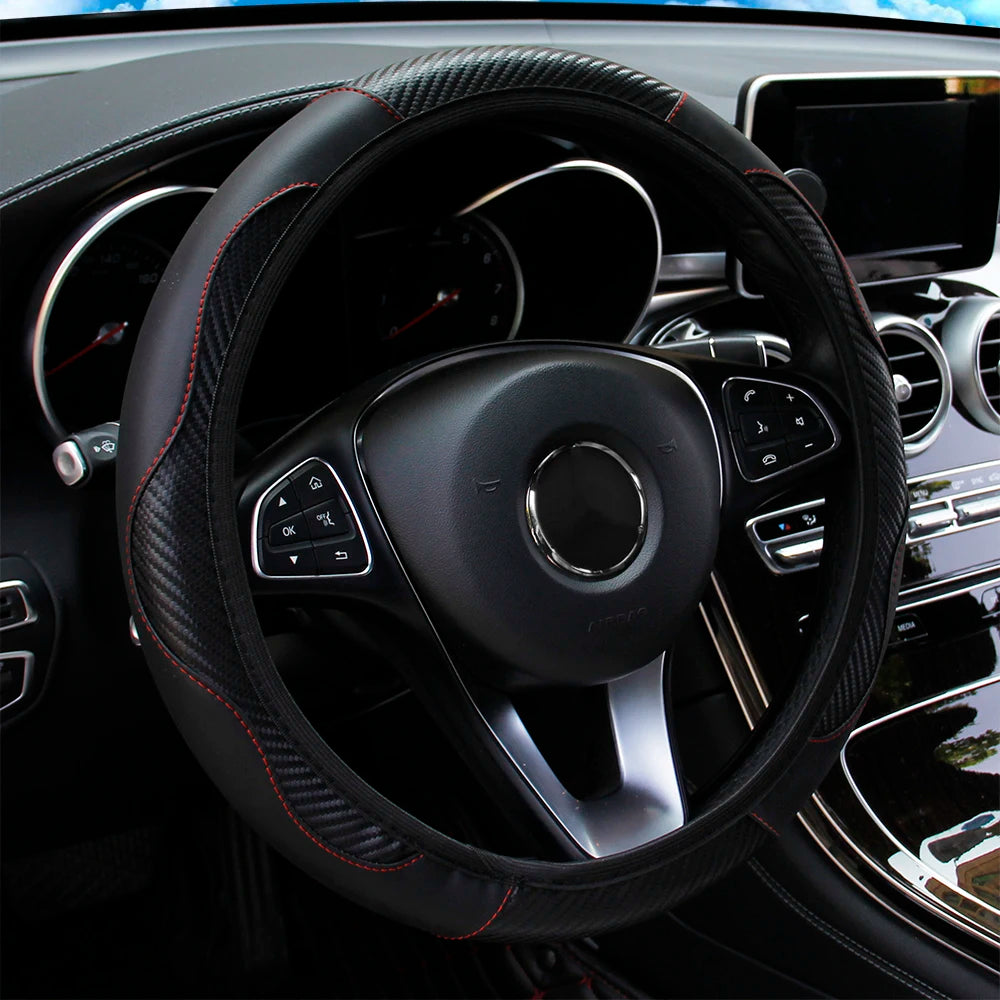 PU Carbon Fiber Leather Steering Wheel Cover Without Inner Ring, Suitable for 14.5–15-Inch Steering Wheels