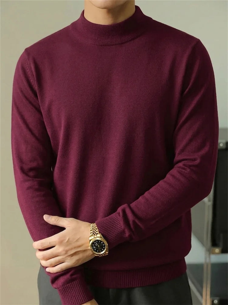 Autumn Men's Sweater Slim Fit Long Sleeve Mock Neck Casual Warm Knitwear Solid Color Fashion Simple Style Knitted Pullovers