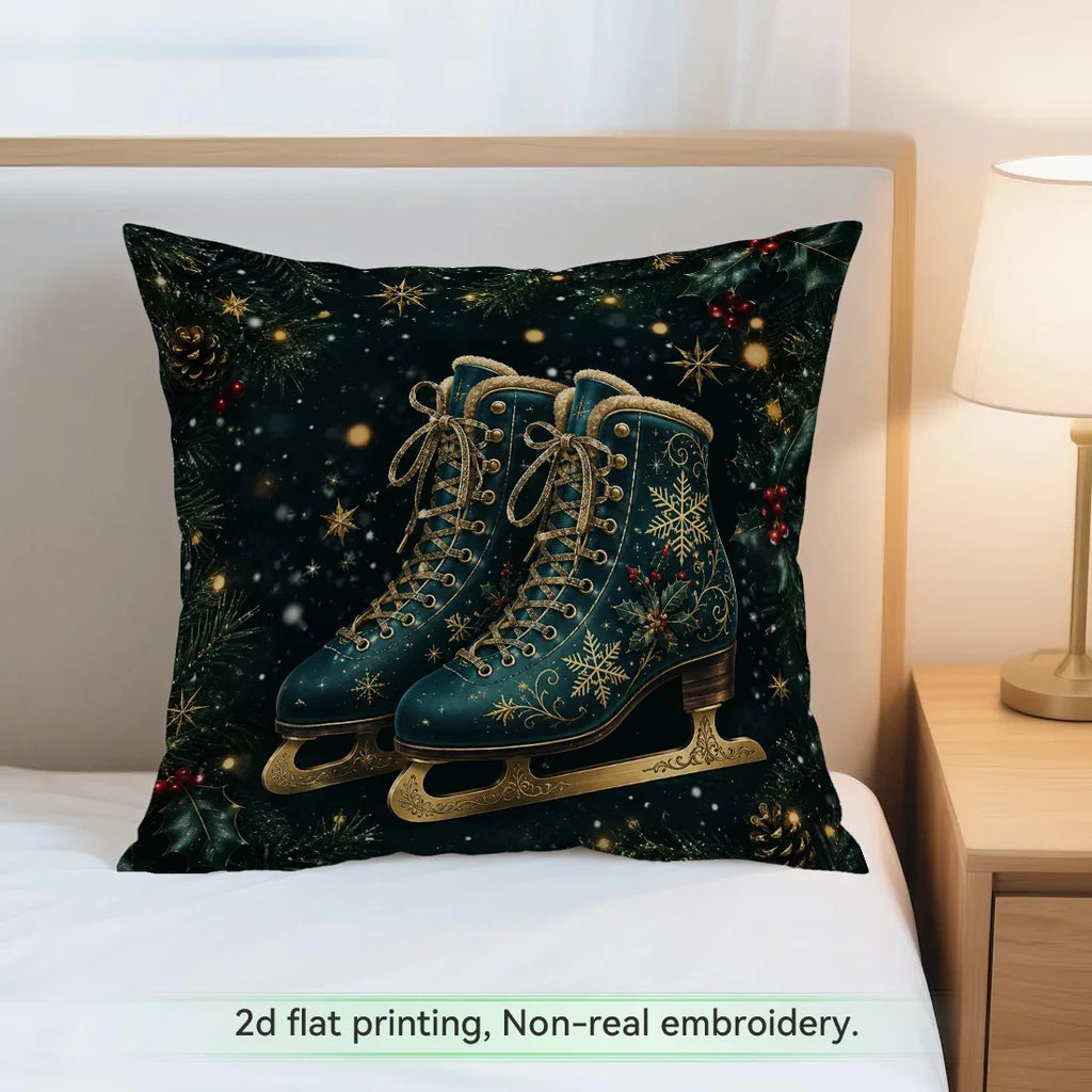 Housse de coussin décorative de Noël avec accessoires dorés, taie d'oreiller en polyester pour décoration de maison, voiture ou canapé