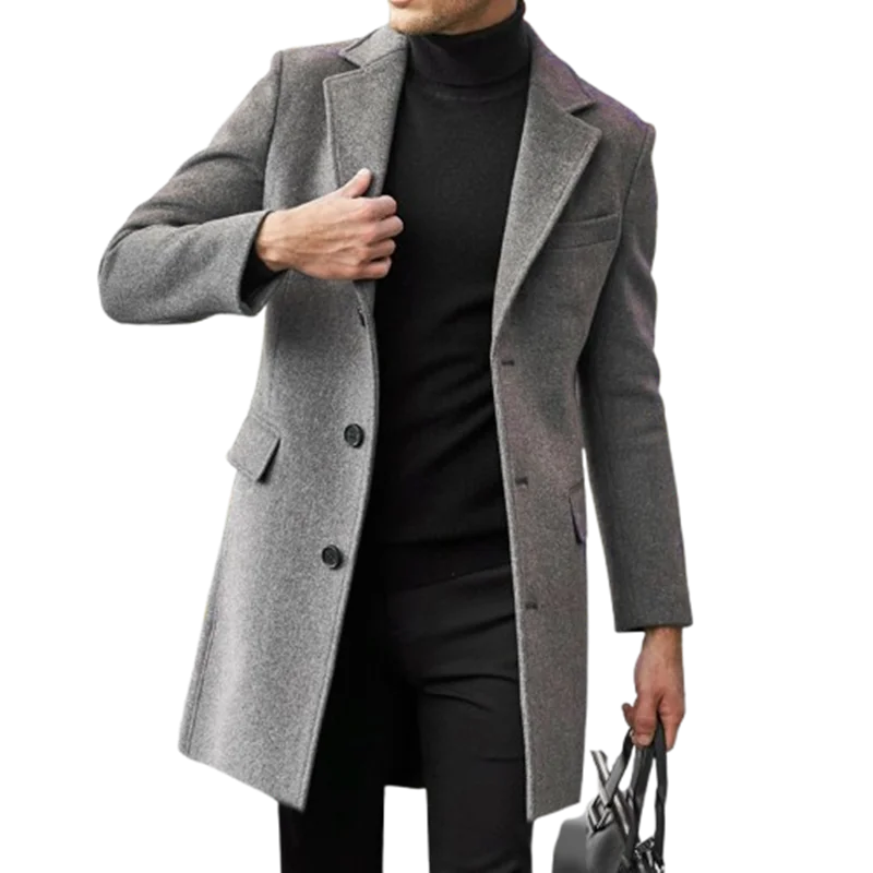 Autumn Winter Men's Business Casual Coats Turn Down Collar Long Woolen Outwear Male England Style Single Breasted Trench Coat