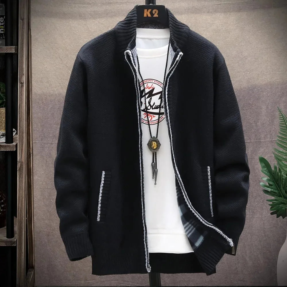 Men Solid Color Knitted Sweater Cardigan Autumn New Long-sleeved Zipper Jacket Warm Fleece Stand Collar Cardigans Basic Jacket