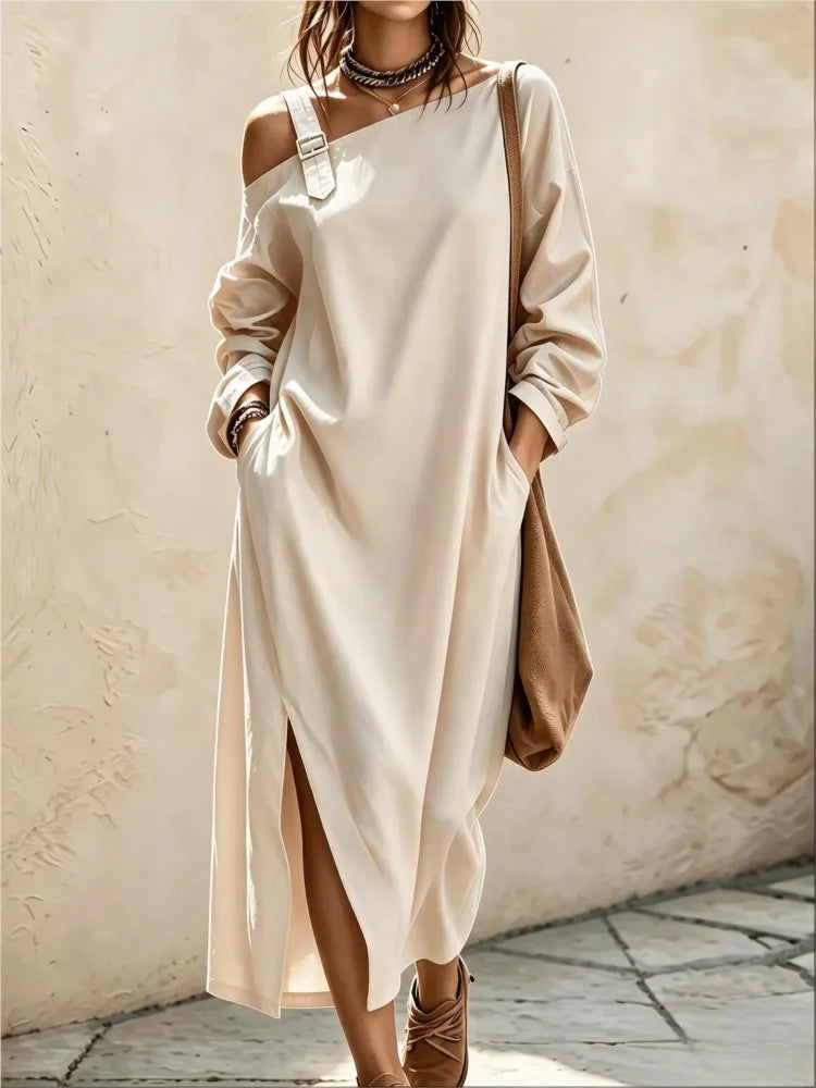 Abito midi da donna con scollo diagonale, spacco e tasche