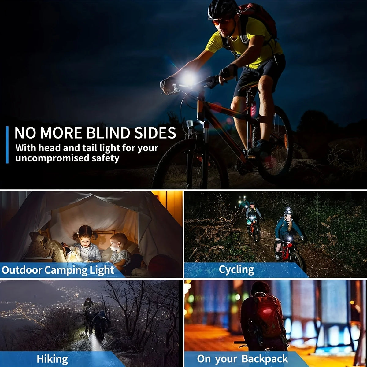 Luz para bicicleta, faro delantero recargable por USB con 3 LED y luz trasera LED, con batería externa, bocina y soporte para teléfono, adecuada para todo tipo de ciclismo, en carretera y montaña.