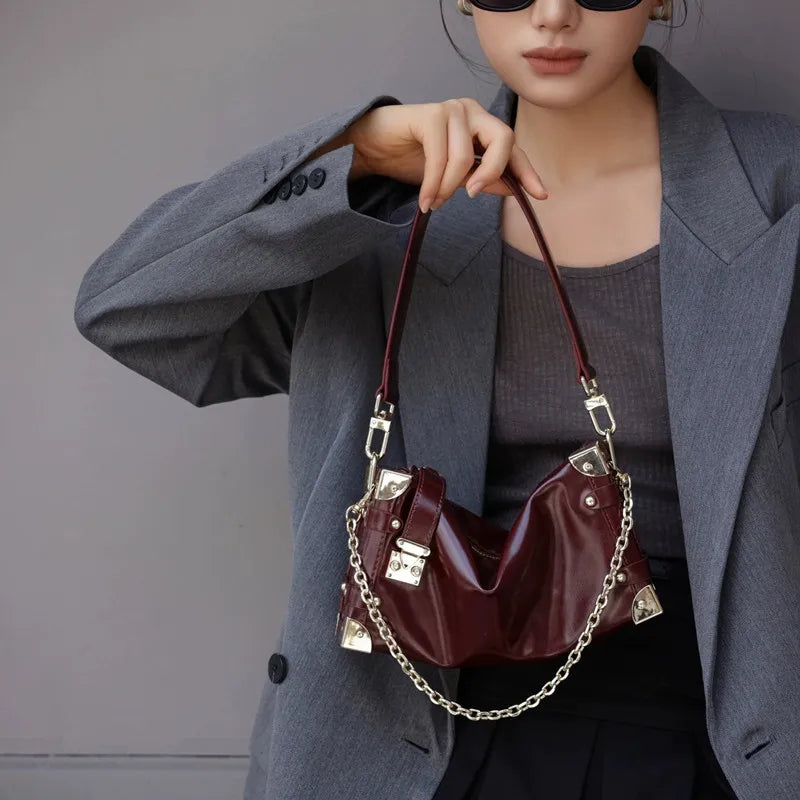 Retro Genuine Leather Handbag Splicing Metal Heavy Industry Small Square Bag for Women 2024 Luxury High-end Shoulder Armpit Bag