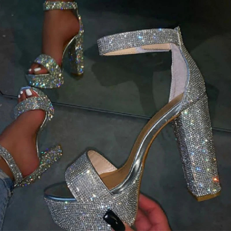 Sandali donna Liyke argento con strass, plateau e tacco largo