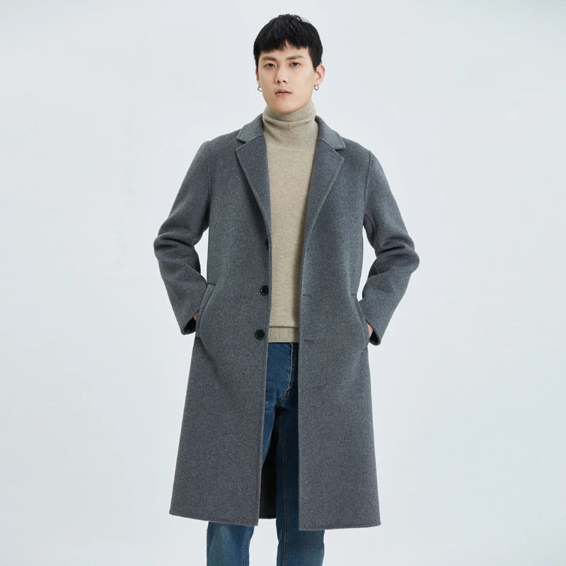 2026 Autumn/Winter New Men's Premium All-Wool Mid-Length Double-Faced Casual Trench Coat, Wool Overcoat