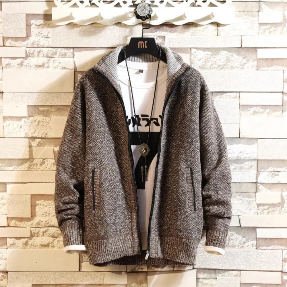 Autumn New Men's Trendy Cardigan Fleece Thicken Solid Casual Loose Sweater Men's Stand-up Collar Knitting Sweater Cardigans