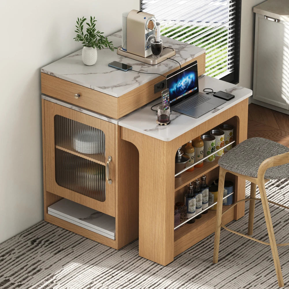 Rollbare Kücheninsel mit ausziehbarem Esstisch und abnehmbarer Tischplatte, Bartisch mit Steckdosenleisten, Mehrzweckmöbel als Kücheninsel, Buffet, Sideboard oder Bartisch für Küche und Esszimmer, Natur