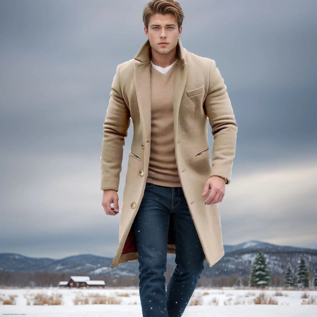 Elegant Men's Casual Windbreaker Coat for Autumn and Winter, Solid Color Button, Long-sleeved, Mid-to-long Style Coat S-XXXL