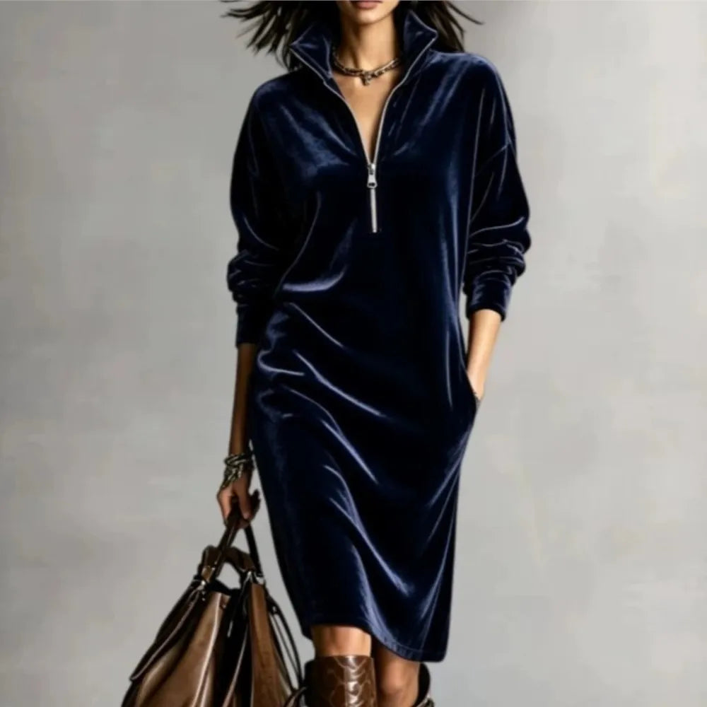 Women's polyester midi dress with lapel collar