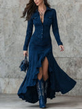 Women's long dress with lapel collar and long sleeves