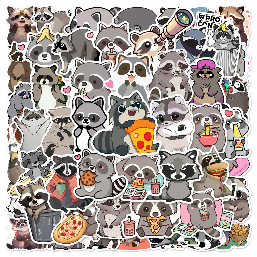 50/100 piezas de pegatinas bonitas de mapaches grafiteros para trolls, vasos térmicos, cajas de almacenamiento y decoración de refrigeradores