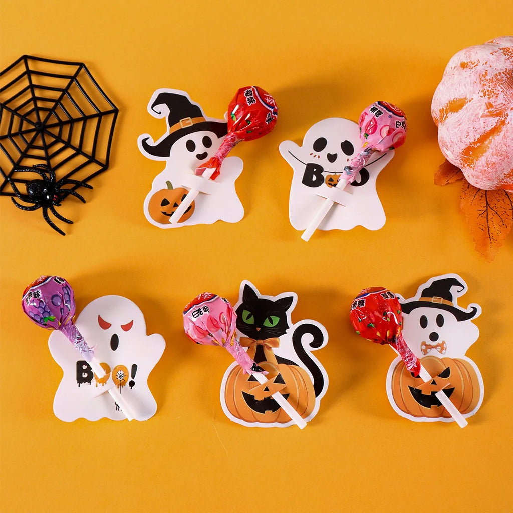 48 cartes porte-sucettes d’Halloween avec motifs mignons de citrouille et de fantôme, pour décoration de fête d’anniversaire ou d’Halloween et cadeaux DIY.