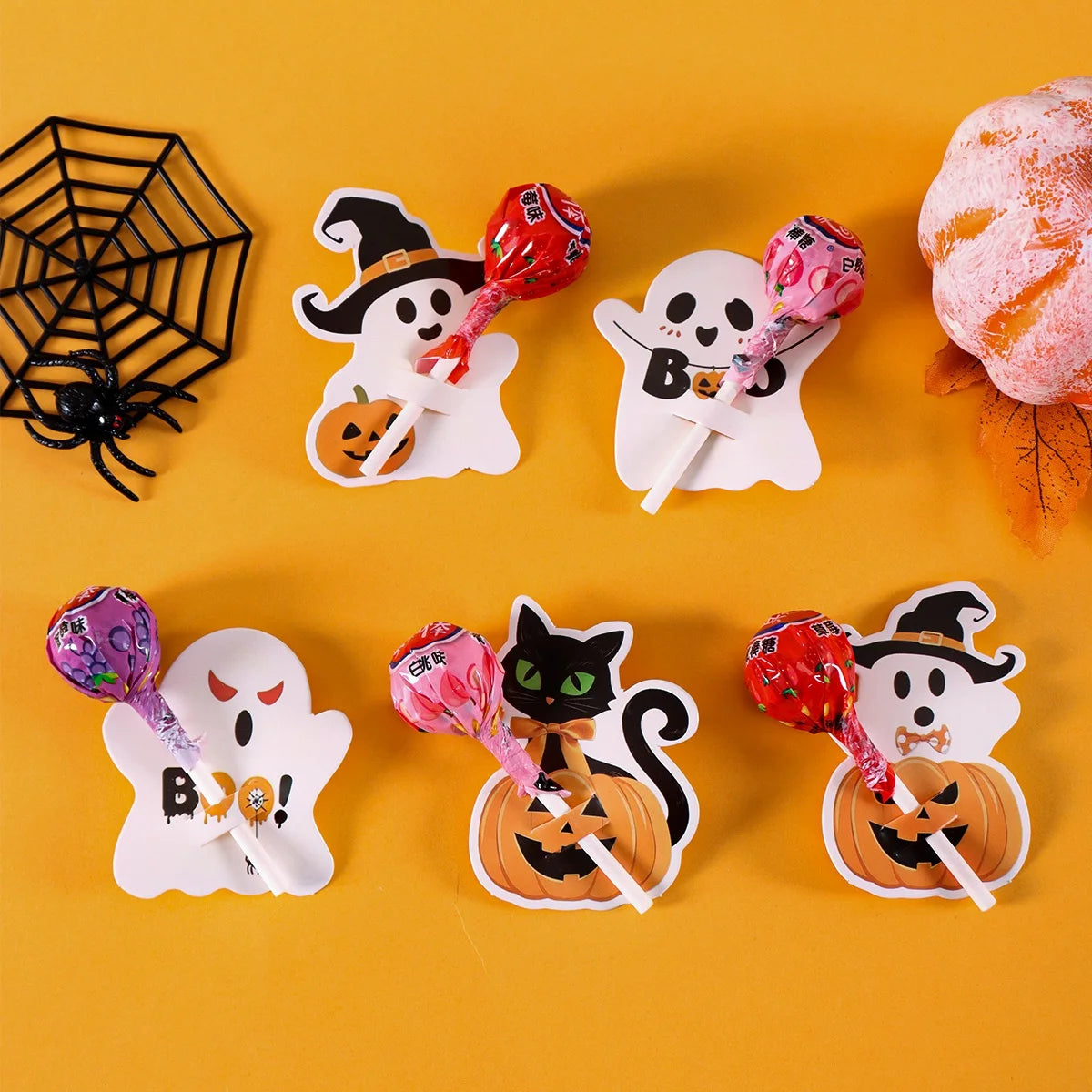 48pcs Halloween Lollipop Holder Cards Cute Pumpkin Ghost Pattern for Birthday Halloween Party Decoration DIY Gifts Supplies