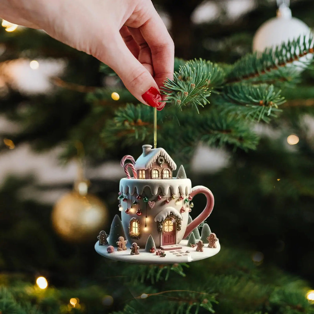 Christmas Decor Coffee Cup Ornaments 2D Acrylic Flat Christmas Snow Houses Chocolate Mug Pendant Christmas Tree Pendant