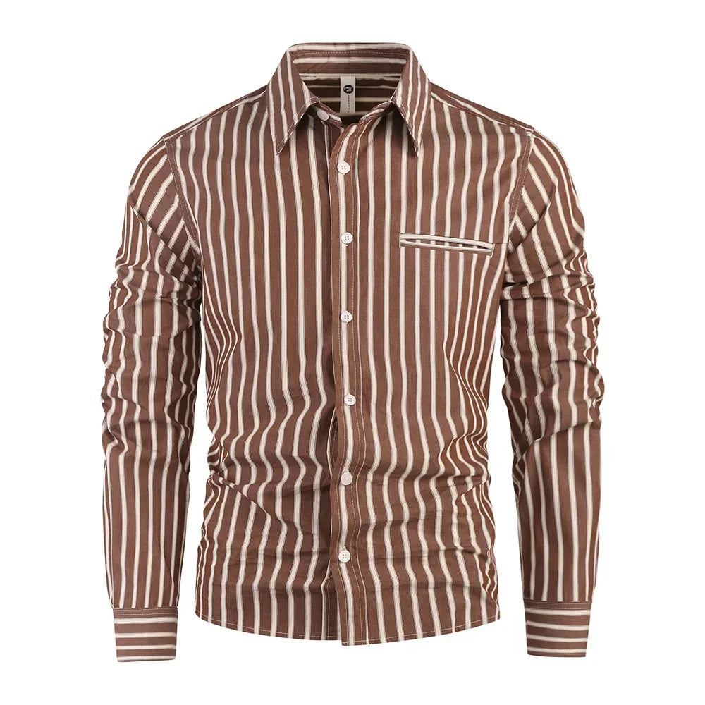 Autumn Men's Casual Business Striped Shirt Long Sleeve Lapel Collar Button Up Fashion Slim Fit Classic Tops Male Clothing