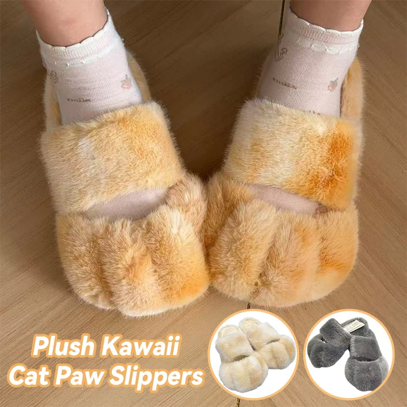 Kawaii-Haustier-Katzenpfoten-Hausschuhe, modische flauschige Kunstfell-Hausschuhe für Damen, bequeme flache Katzenslipper, warme Plüschhausschuhe für zu Hause