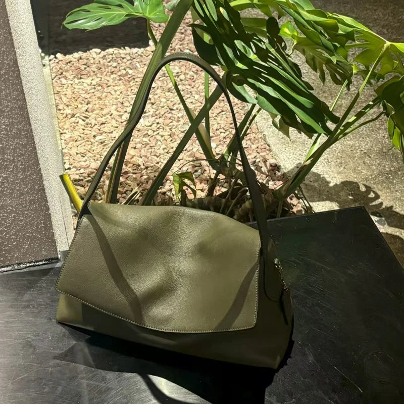 Luxury Genuine Leather Women's Shoulder Bag Large Capacity Flap Underarm Bag Simple Solid Color Soft Leather Brand Handbag