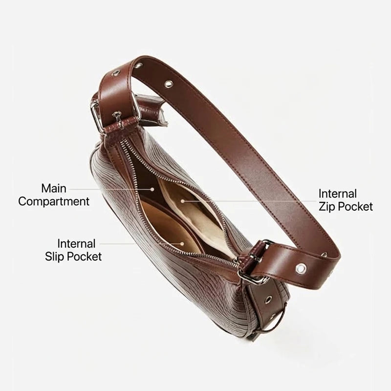 BURMINSA Vintage Croc Embossed Genuine Leather Crescent Shoulder Bag Women Half Moon Underarm Purse Going Out Crossbody Handbags