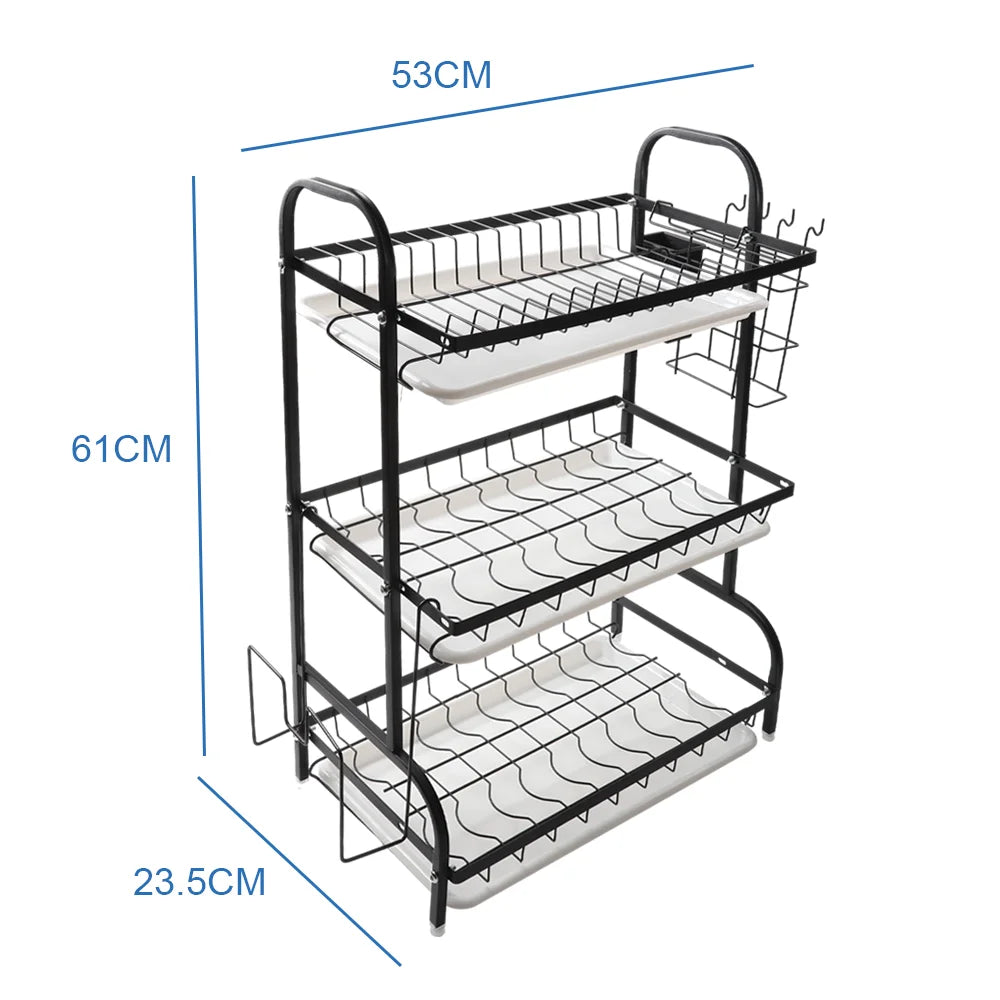 Égouttoir à vaisselle à 3 niveaux avec bac d’égouttage, porte-couverts et porte-assiettes pour évier de cuisine