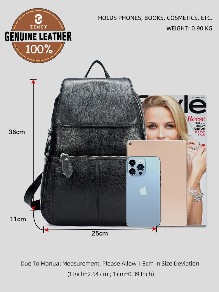 Zency Stylish White Black Genuine Leather Women Backpack A++ Quality Anti-theft Large Capacity Knapsack Travel Designer Rucksack