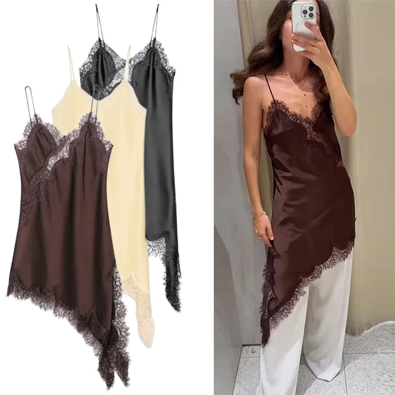 Abito corto in raso da donna con scollo quadrato e lacci