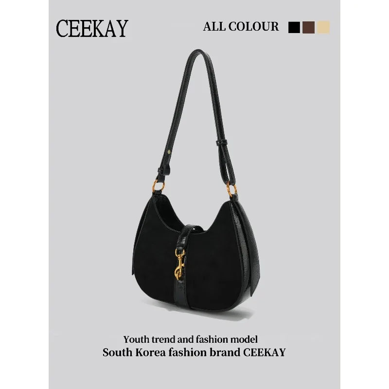 2026 New CEEKAY Suede Splice Hobo Bag, Crescent Shoulder Bag with Metal Hook Decor, Casual Underarm Bag for Women Handbags