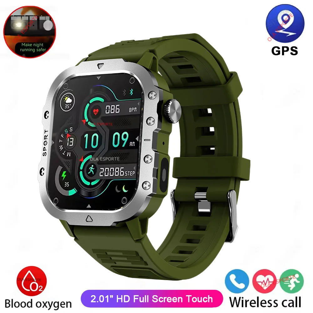 2026 Military Outdoor Smart Watch Men's GPS Flashlight Bluetooth Call 2.01" AMOLED Screen 3ATM Waterproof Sports Smartwatch Ht30