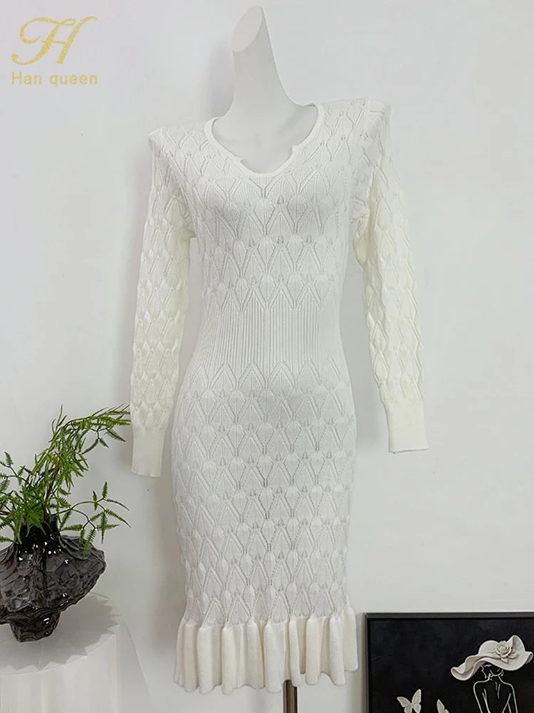Abito in maglia a sirena con scollo a V e maniche lunghe