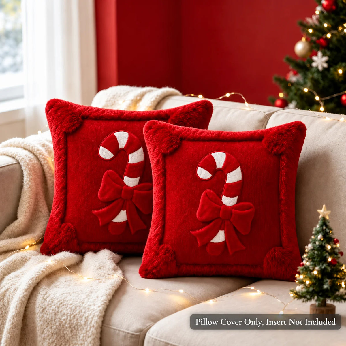 Housse de coussin décoratif de Noël Sucre d'orge, Housse de coussin de Noël rouge aspect peluche en fausse fourrure, Nœud Décoration d'intérieur pour canapé de fêtes hivernales