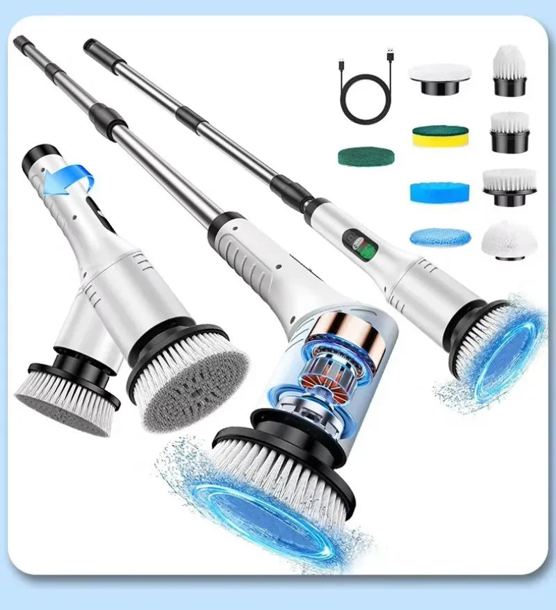 Multi-Purpose 9-in-1 Cordless Electric Power Scrubber, Bathroom Scrubber with 8 Brush Heads and Adjustable Extension Handle for Shower Cleaning