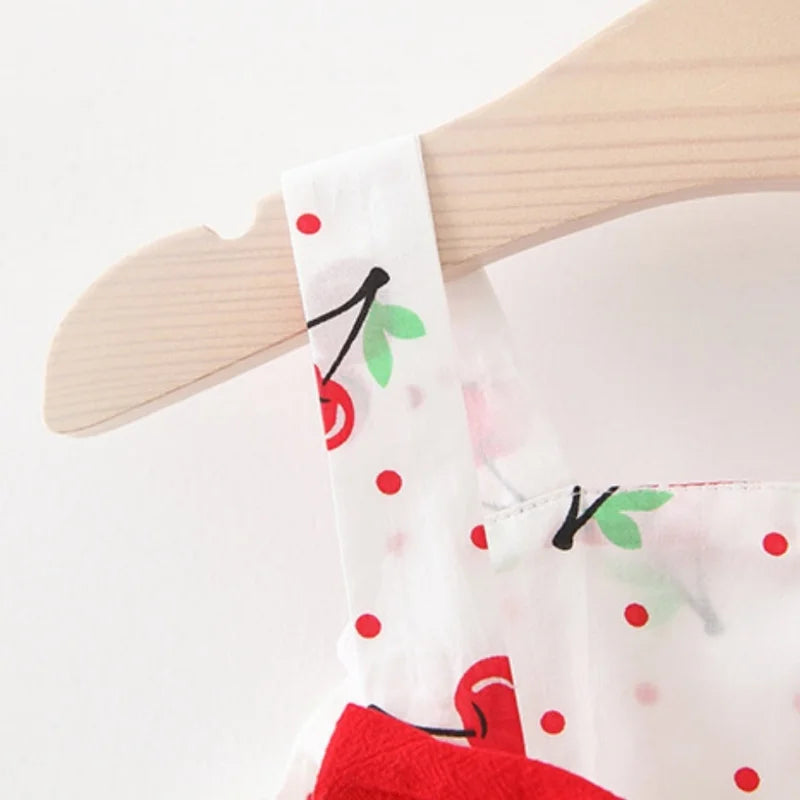 Sommerkleid für Baby-Mädchen aus Baumwolle mit Schleife, Kirsch-Polka-Dots und Trägern, niedliches, lässiges Strandkleid, Baby-Mädchen-Kleidung