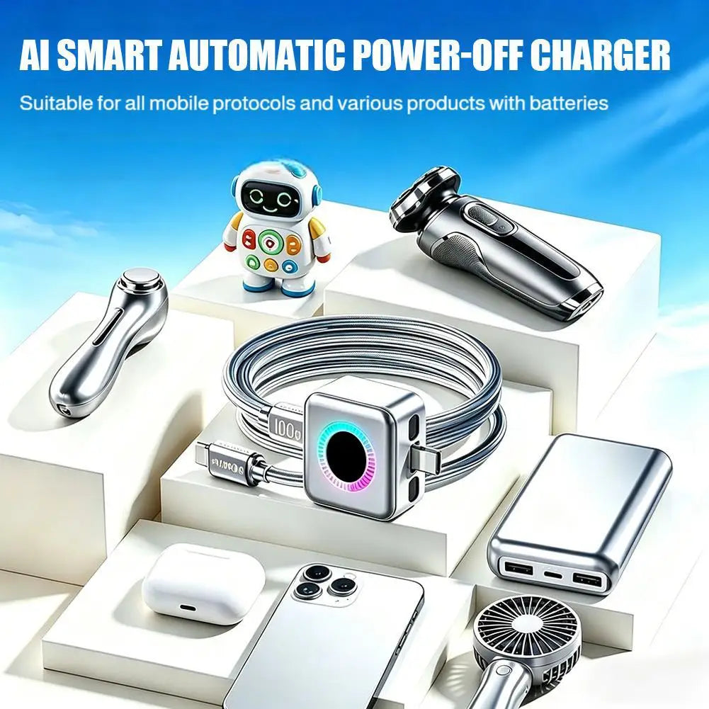 140W Fast Charging Smart Automatic Power-Off Charger Type-C Plug Overcharge Protection Charger Silver LED Light Phone Connector