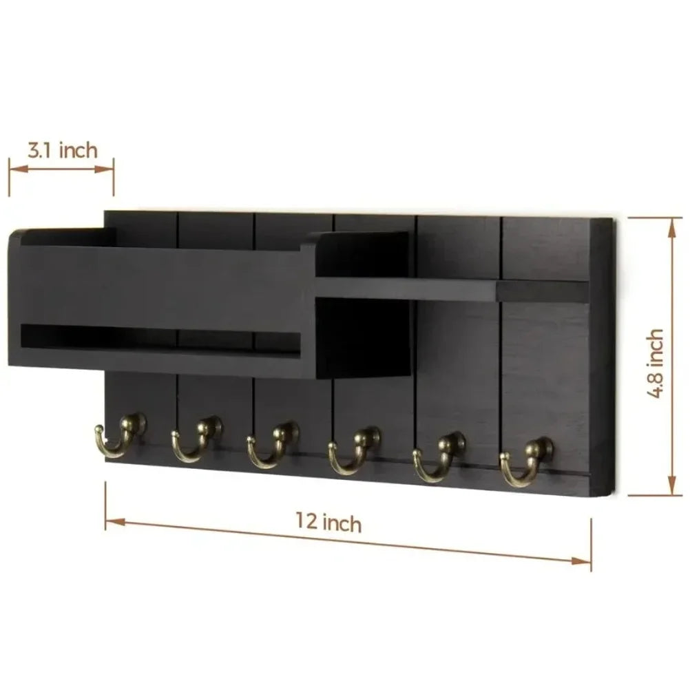 Wall-Mounted Wooden Key and Mail Holder with 6 Hooks
