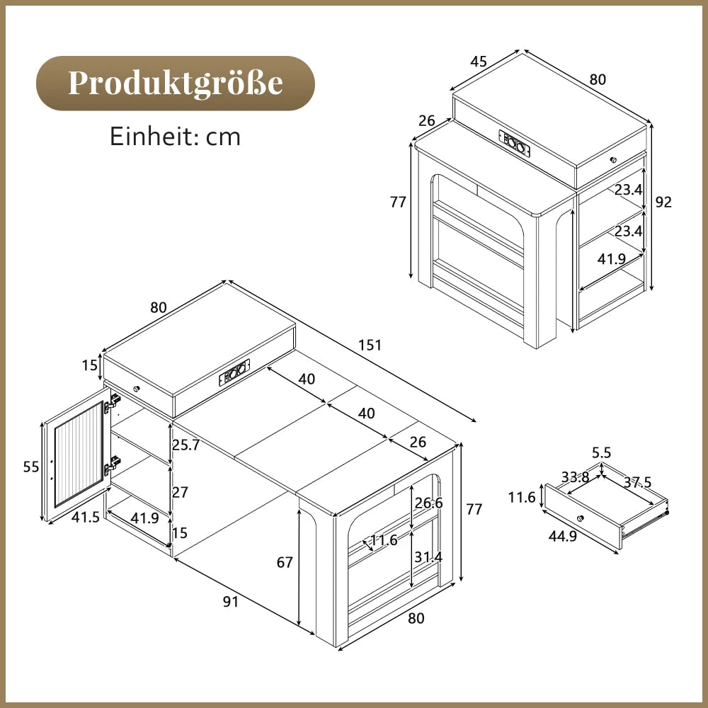 Rollbare Kücheninsel mit ausziehbarem Esstisch und abnehmbarer Tischplatte, Bartisch mit Steckdosenleisten, Mehrzweckmöbel als Kücheninsel, Buffet, Sideboard oder Bartisch für Küche und Esszimmer, Natur