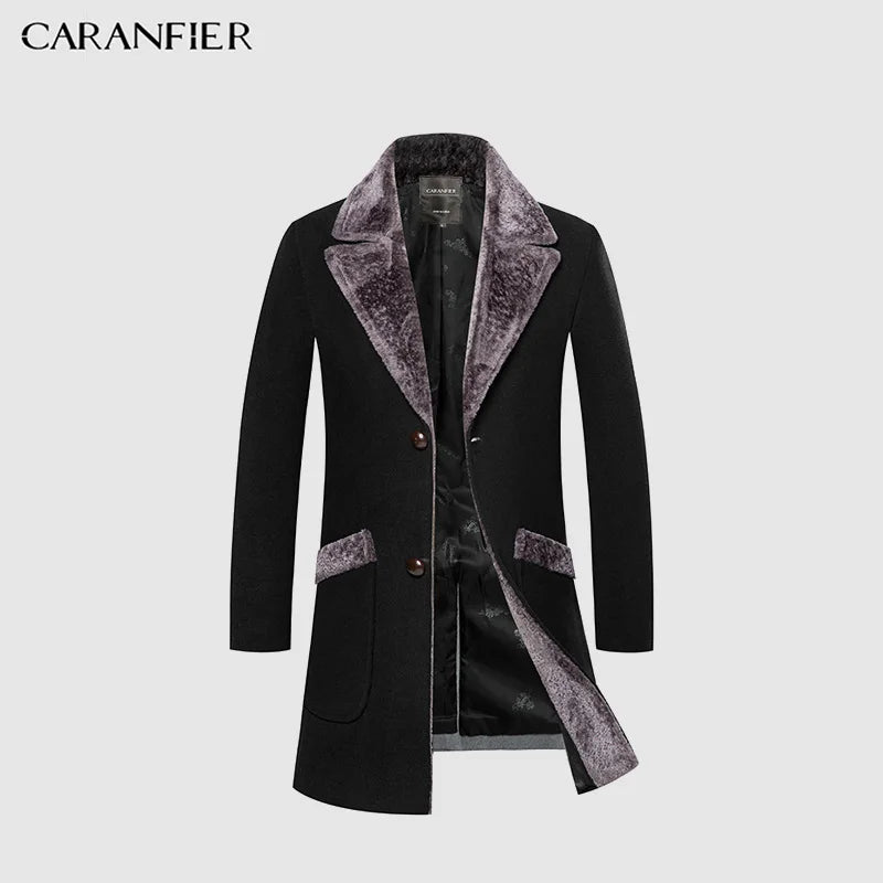 CARANFIER New Arrival Winter Men's Long Woolen Coat Fur Collar Warm Wool Coats Male Solid Color Slim Casual Windbreaker Jacket