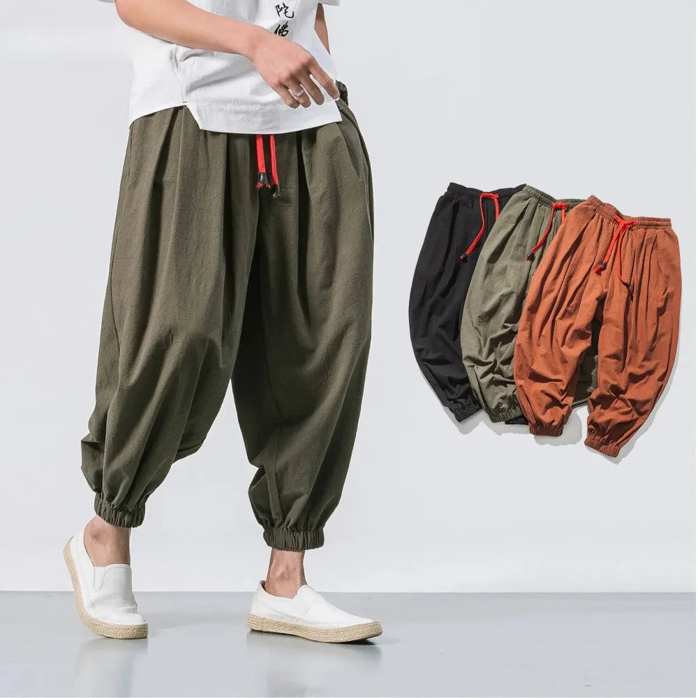 Men's Harem Pants Wid Leg Cotton Linen Trousers Spring Autumn Quality Men Casual Baggy Loose Oversized Pants Streewear