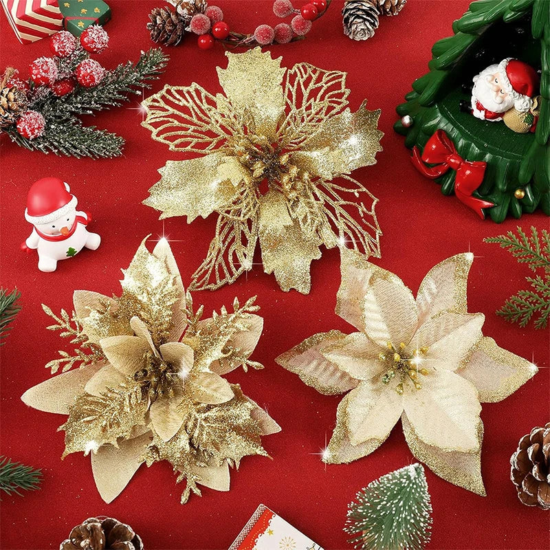 8/16Pcs Christmas Decorations Glitter Artifical Flowers Christmas Tree Ornaments for Home Decor Fake Flower Xmas New Year Gifts
