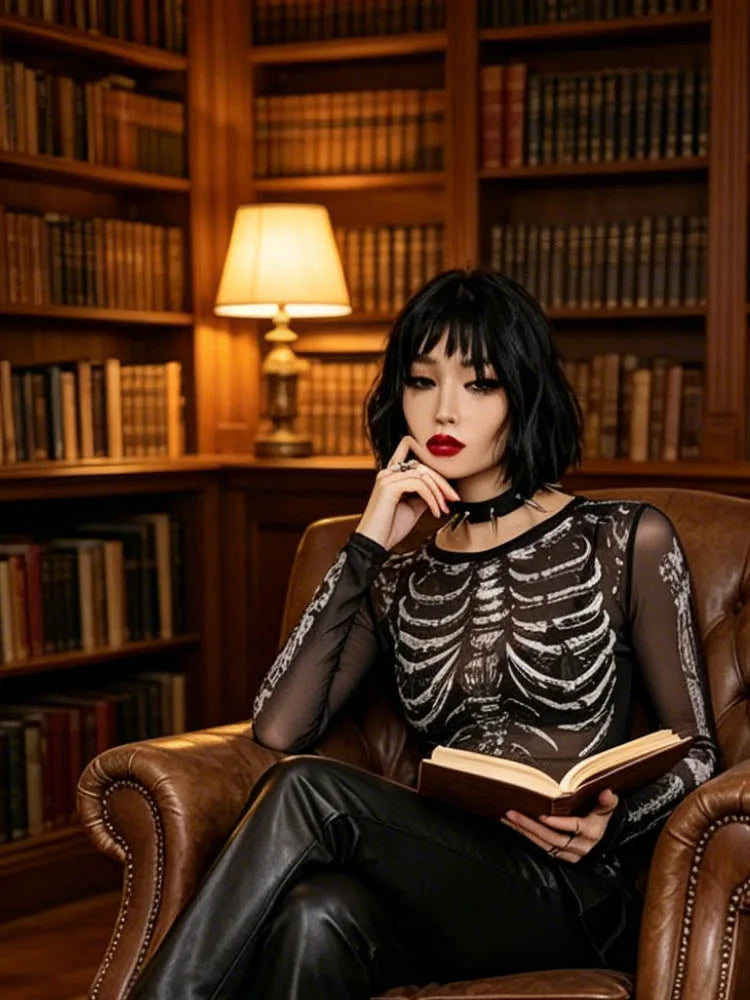 Dunkles Gothic-Punk-Shirt aus den 2000ern für Damen, Totenkopf-Muster, Rundhalsausschnitt, lange Ärmel, schwarzes Y2K-Street-Kleid
