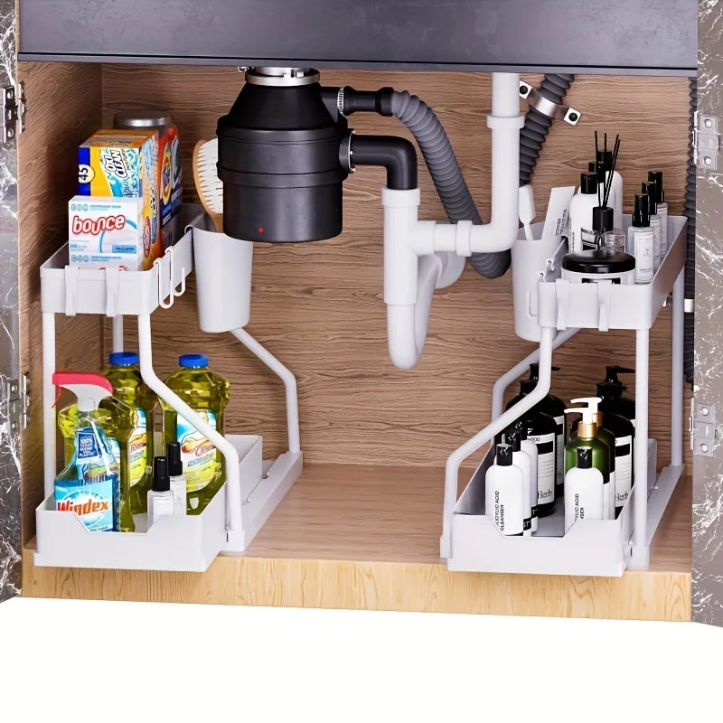 Organizador de 2 niveles que ahorra espacio para debajo del fregadero, caja de almacenamiento extraíble, cajón organizador duradero y de gran capacidad, esencial para cocina y baño