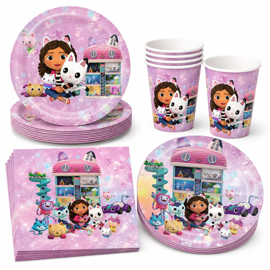 Pink Gabby Dollhouse Birthday Tableware Cat Girls Disposable Plates Cups Napkins Kids Girls Birthday Party Baby Shower Decor
