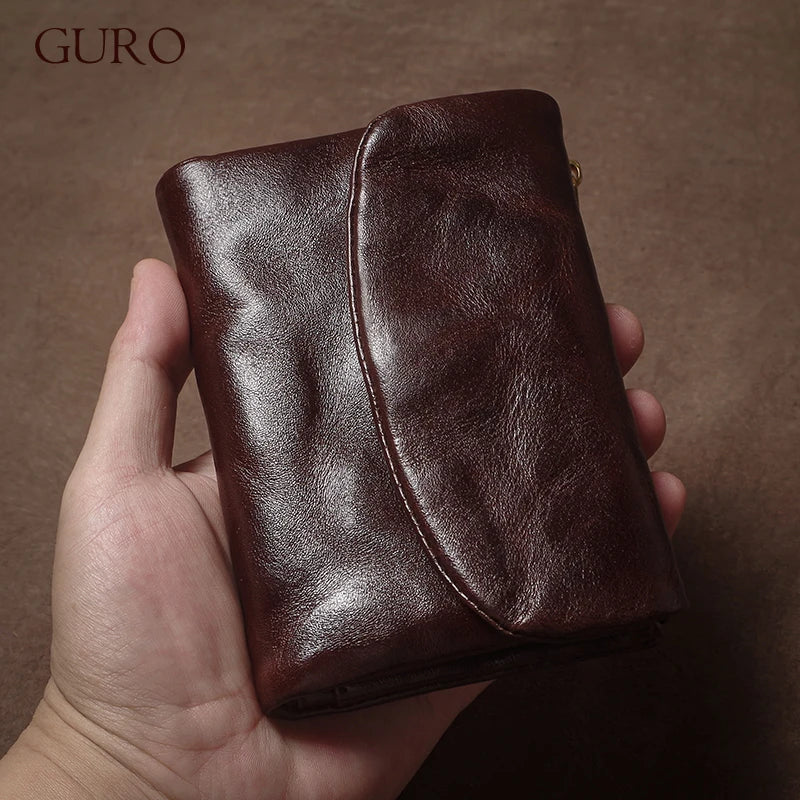 GURO Vintage Genuine Leather Trifold Wallet for Men Women Zipper Coin Purse Driver License ID Credit Card Luxury Cowhide Wallet
