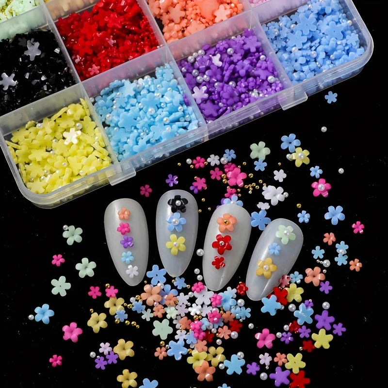 1500 Stück/Box Set mit floralen Nail-Art-Charms, Y2K-Stil, hochwertige farbenfrohe 3D-Blumen-Nagelanhänger aus Kunstharz