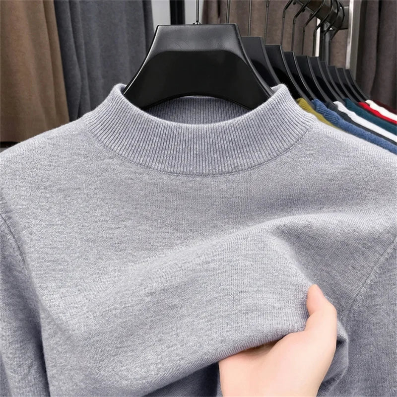 Men Mock Neck Knitted Pullover Solid Color Slim Fit Long Sleeve Basic Style Casual Warm Autumn Sweater Male Knitwear Tops