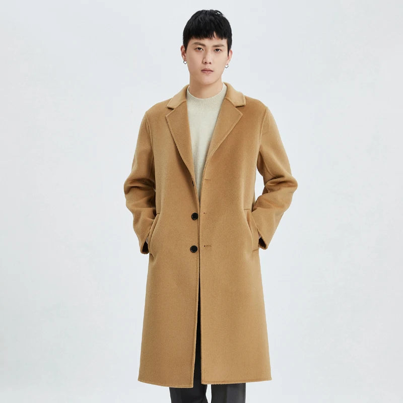 2026 Autumn/Winter New Men's Premium All-Wool Mid-Length Double-Faced Casual Trench Coat, Wool Overcoat