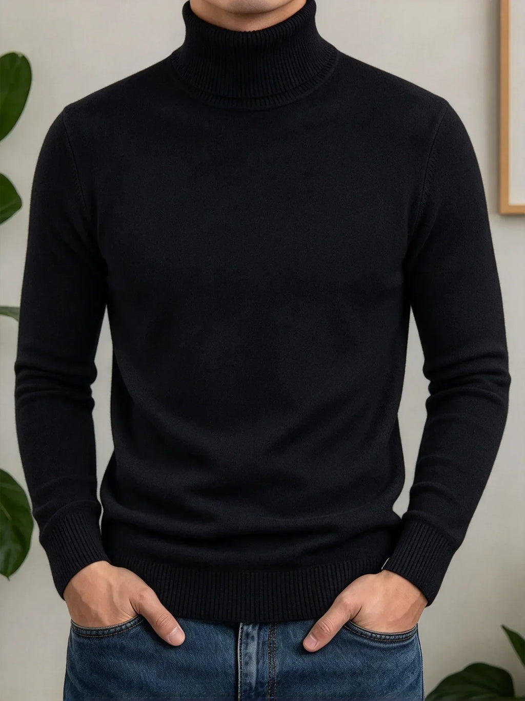 Men's Autumn Sweater Slim Fit High Neck Solid Color Casual Simple Style Knitwear Korean Style Fashion Classic Pullovers